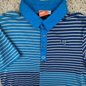 Puma Men’s Golf Polo Shirt Short Sleeve Blue Gray Striped Medium Casual Cotton
